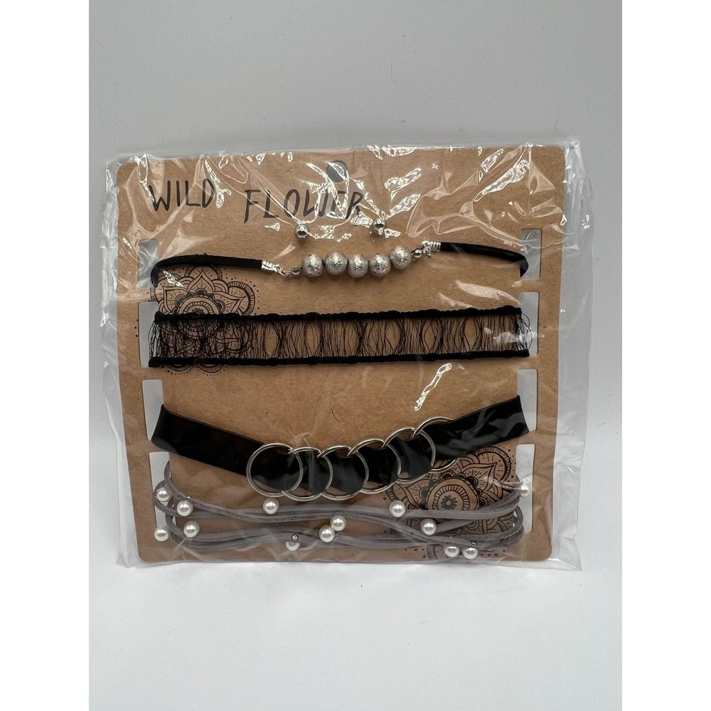 Whimsigoth Grunge Choker Necklace Set Black Silver Layering 4 Piece NWT